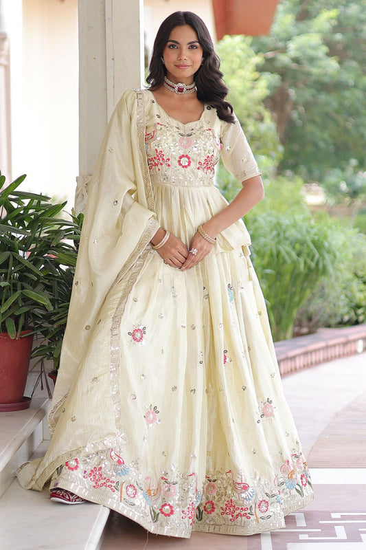Cream Polyester Crush Party Lehenga Choli SFNPV68302