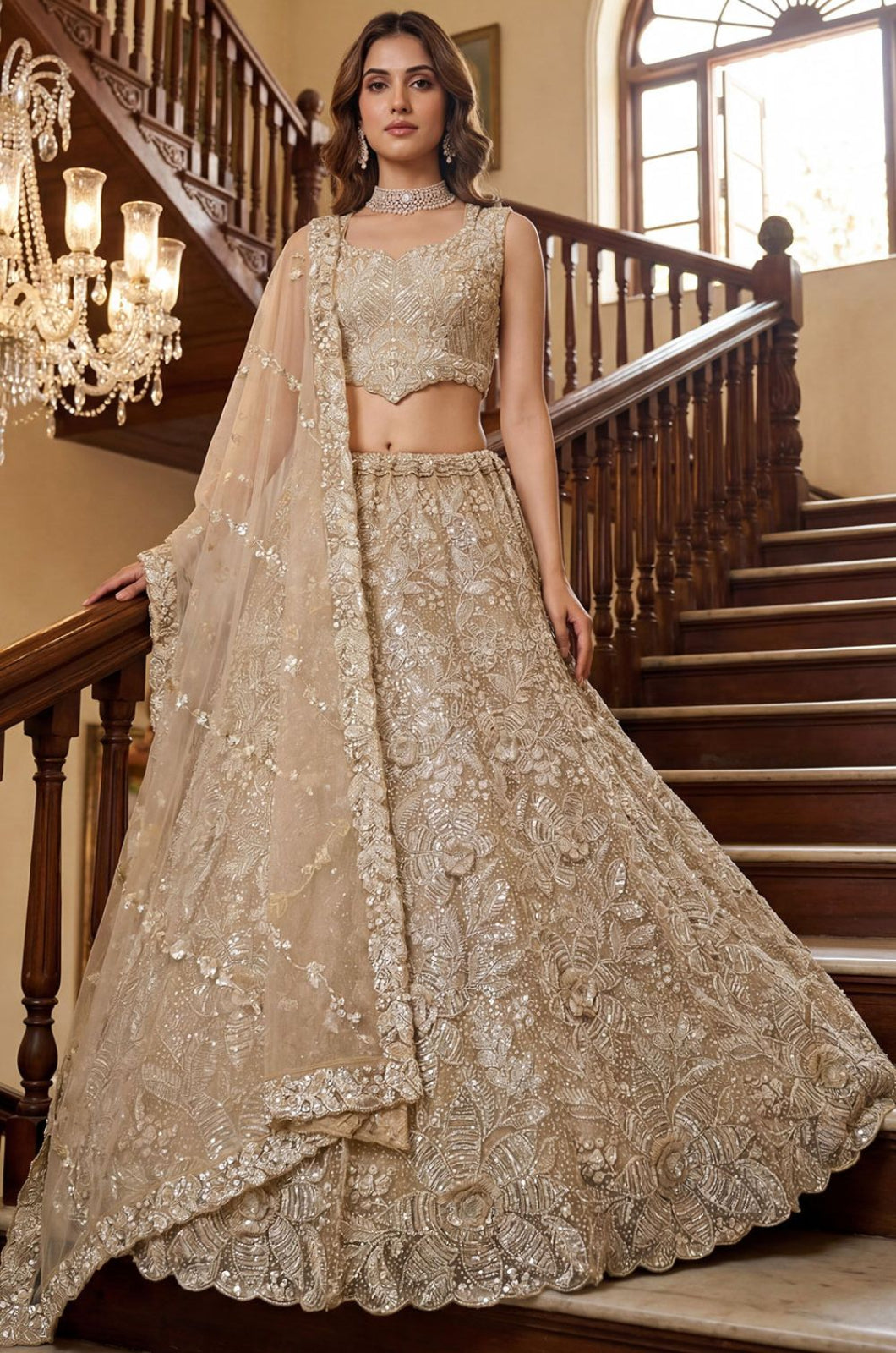 Cream Net Lehenga Choli - SFANJ3283