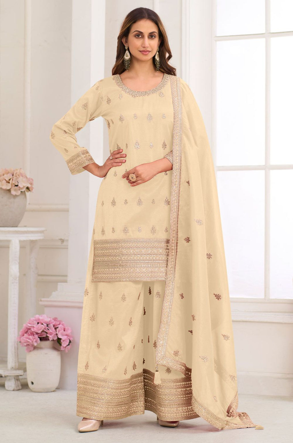 Cream Silk Salwar Kameez - SFSMT57203R