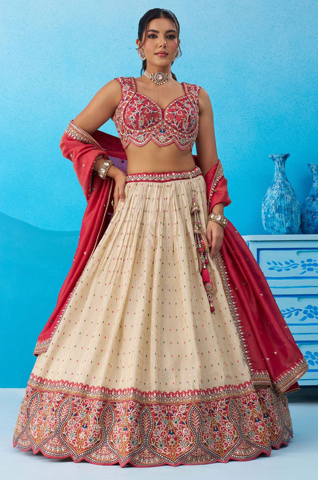 Cream Jacquard Lehenga Choli - SFROY571816