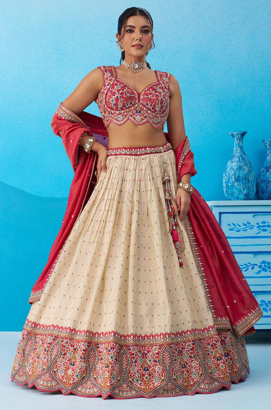 Cream Jacquard Lehenga Choli - SFROY571816