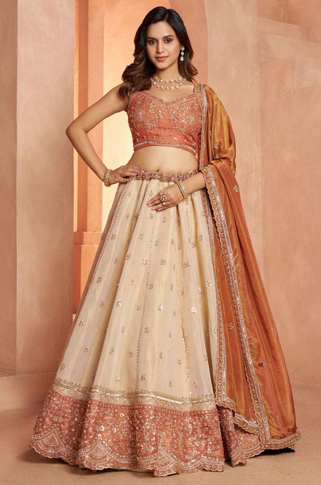 Cream Kanjivaram Lehenga Choli - SFPRF280009