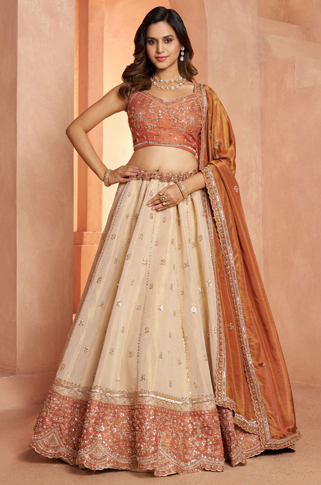 Cream Kanjivaram Lehenga Choli - SFPRF280009