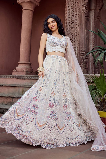 Cream Net Wedding Sangeet Lehenga Choli SFPRF265604