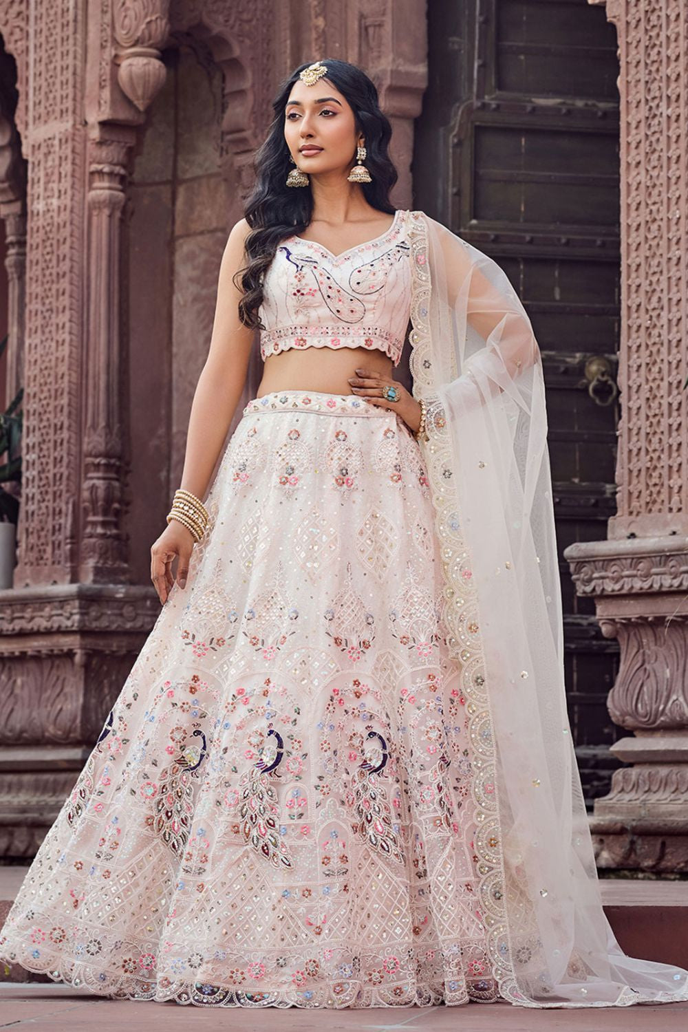 Cream Net Wedding Sangeet Lehenga Choli  SFPRF265605