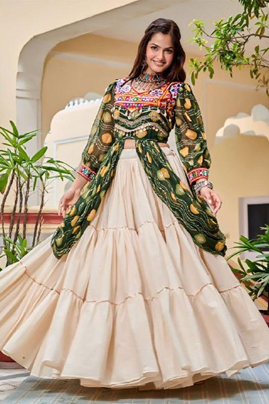 Cream  Pure Cotton Katchi Work Chaniya Choli Ready To Wear SFROY551302R