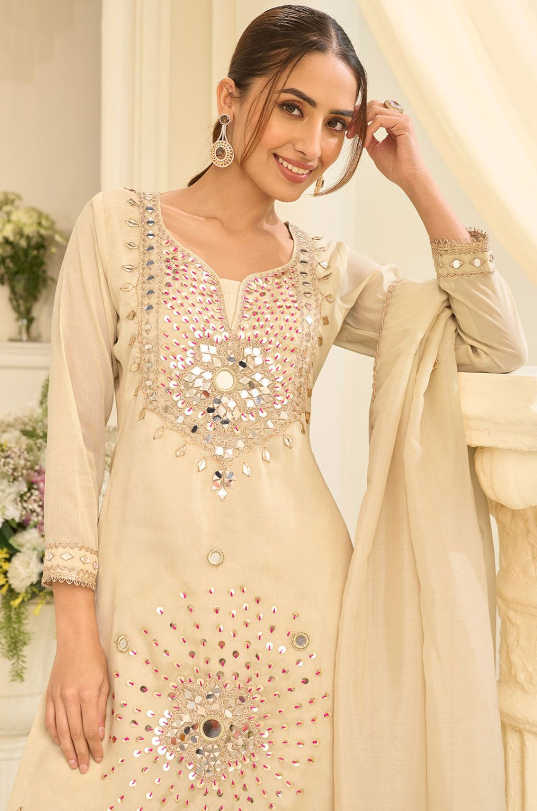 Cream Silk Salwar Kameez - SFYS173501R