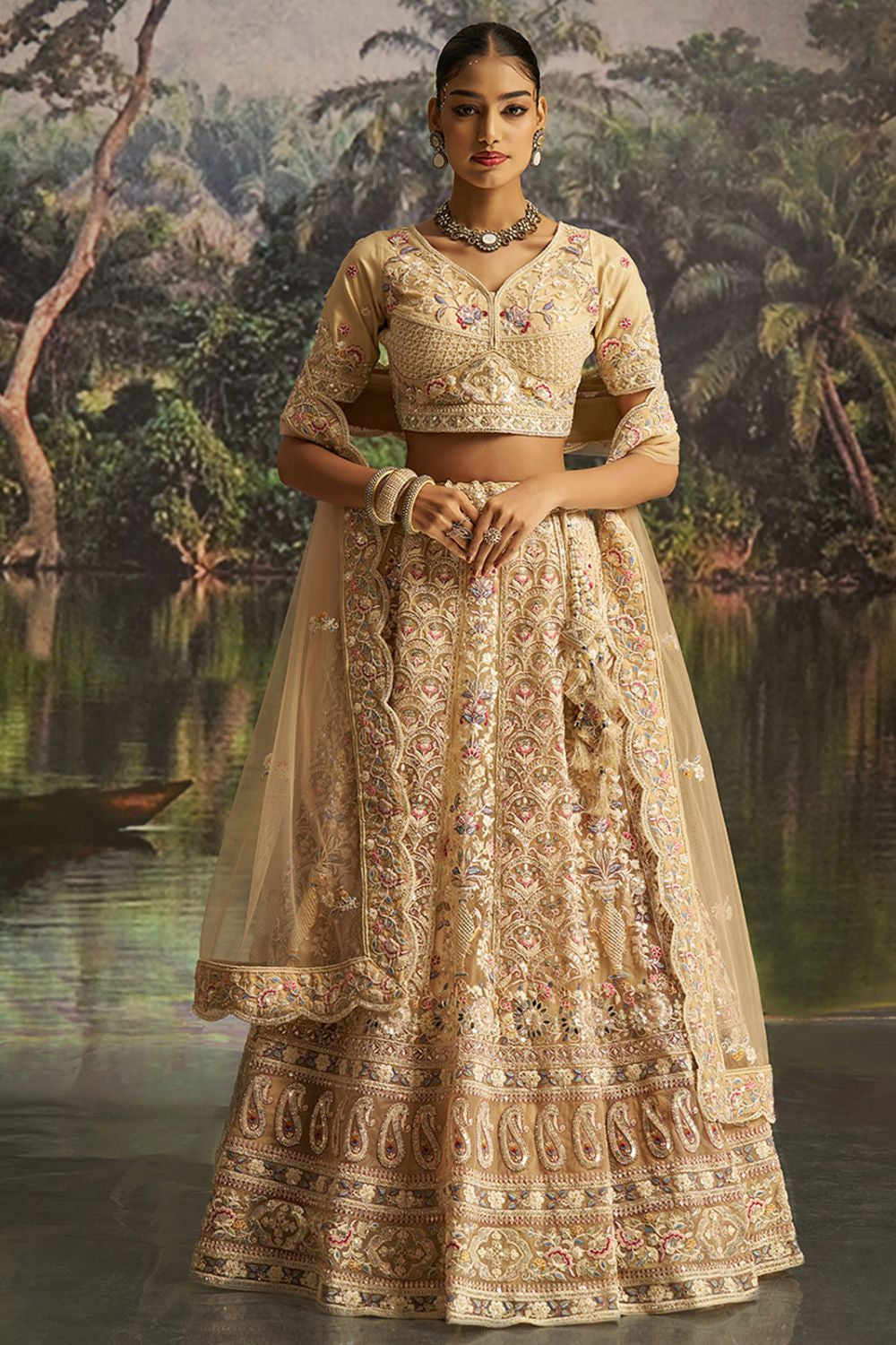 Cream Net Lehenga Choli SFARY22801