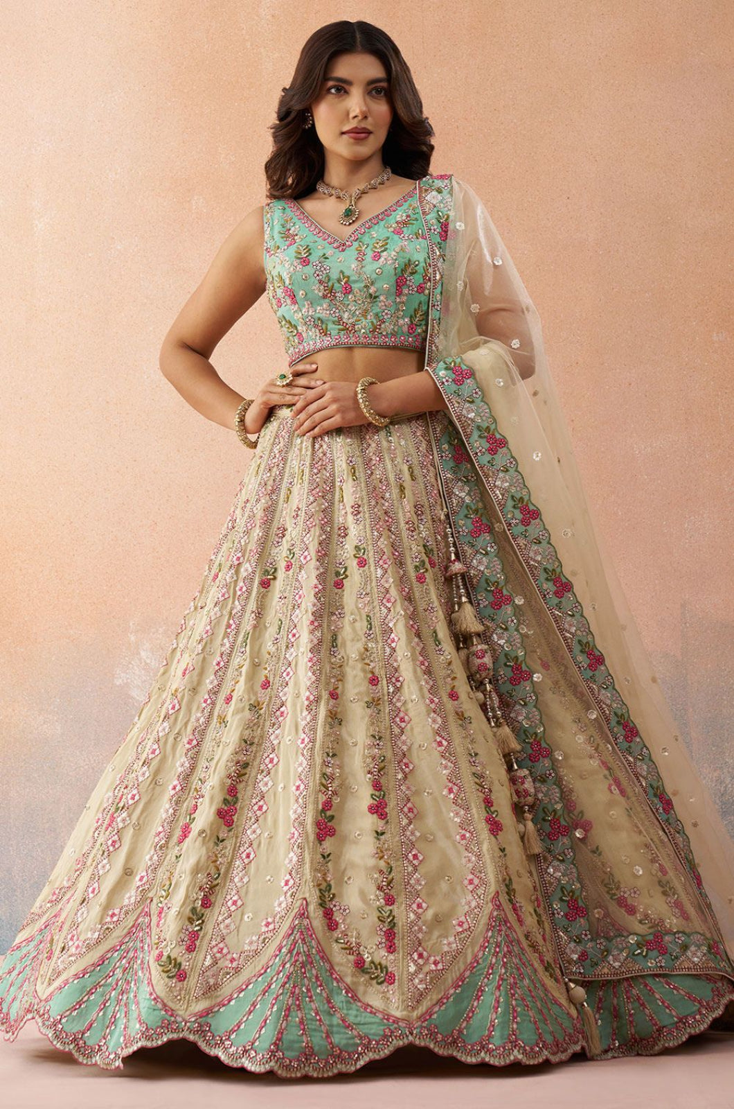 Cream Tissue Lehenga Choli - SFROY571702