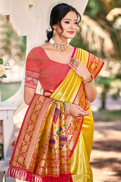 Yellow Haldi Kanjivaram Silk Zari Woven Saree With Blouse SFSGM119101