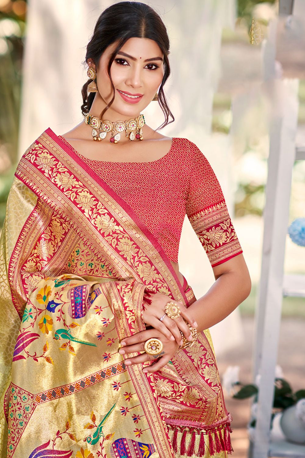 Beige  Haldi Kanjivaram Silk Zari Woven Saree With Blouse SFSGM119105