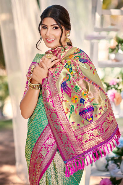 Green  Haldi Kanjivaram Silk Zari Woven Saree With Blouse SFSGM119106