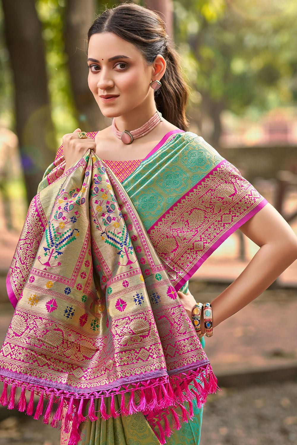 Green Wedding Engagement Silk Saree With Blouse SFSGM119303