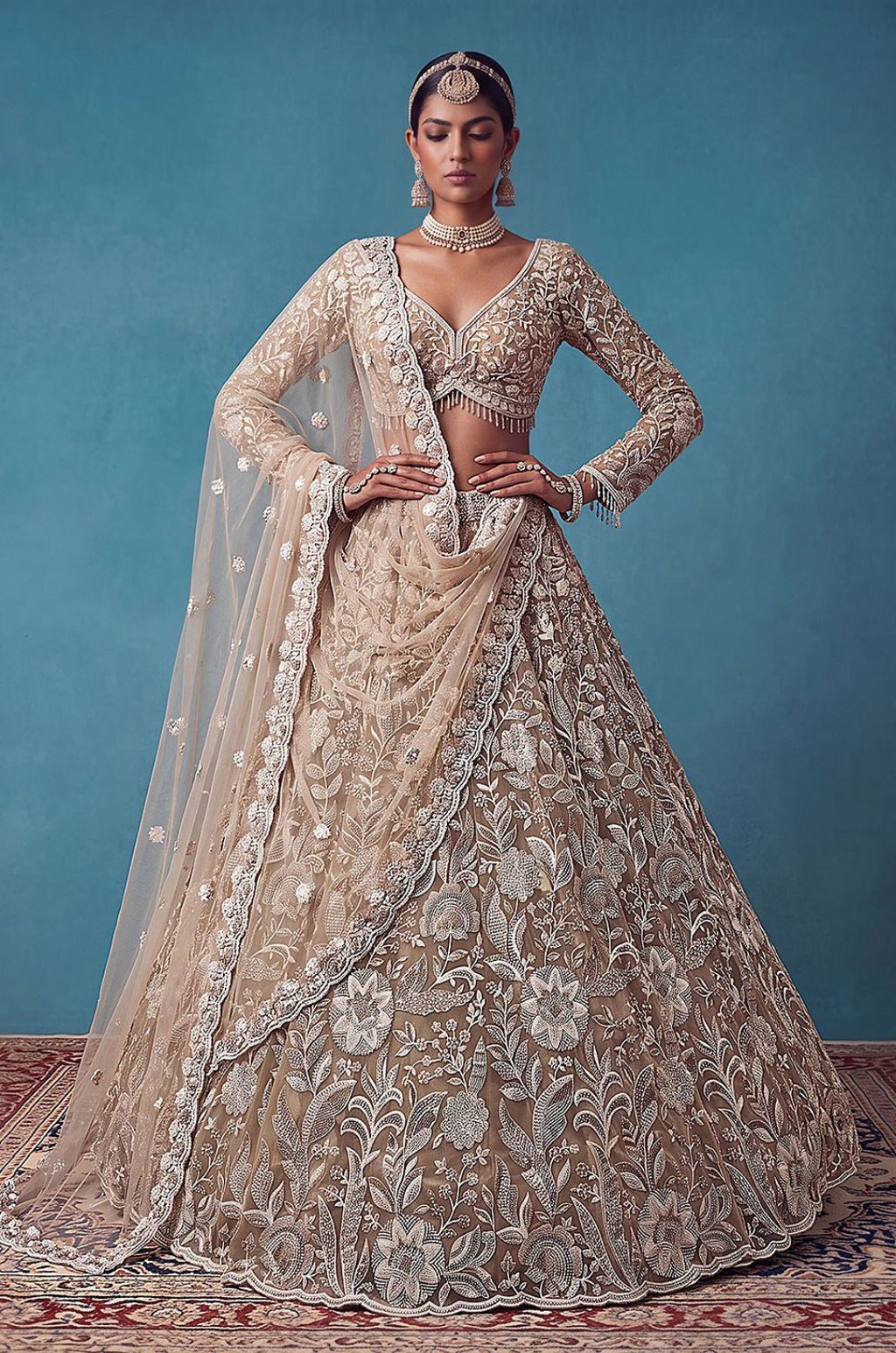 Beige Net Lehenga Choli - SFANJ3462R