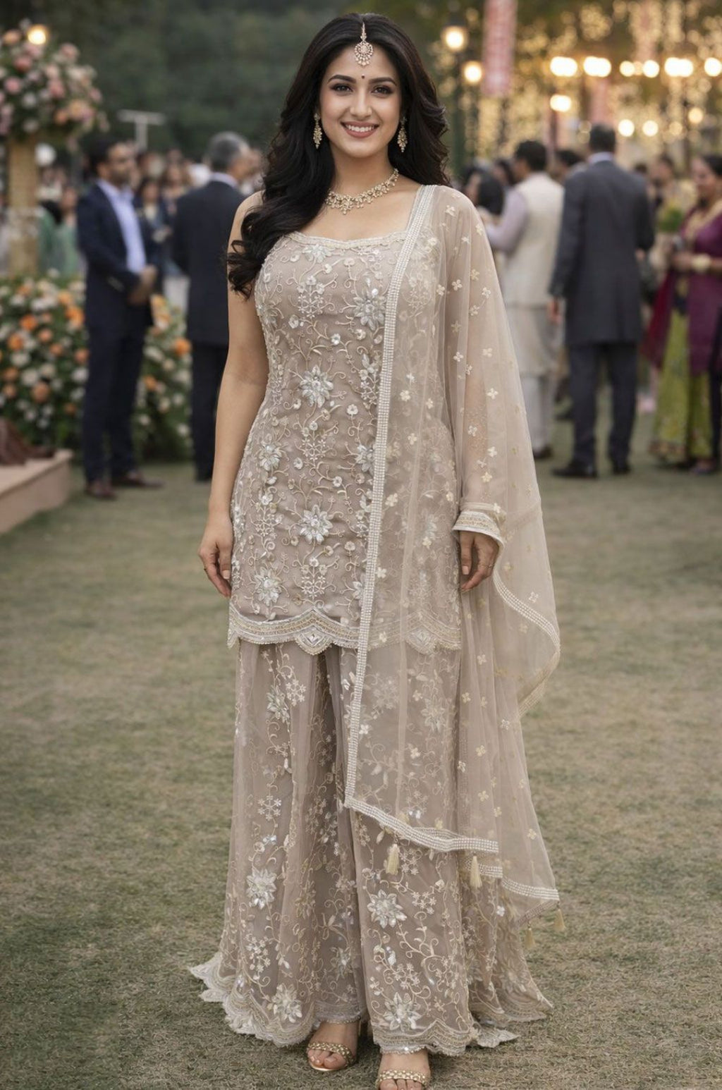 Beige Net Salwar Kameez - SFSA565401R