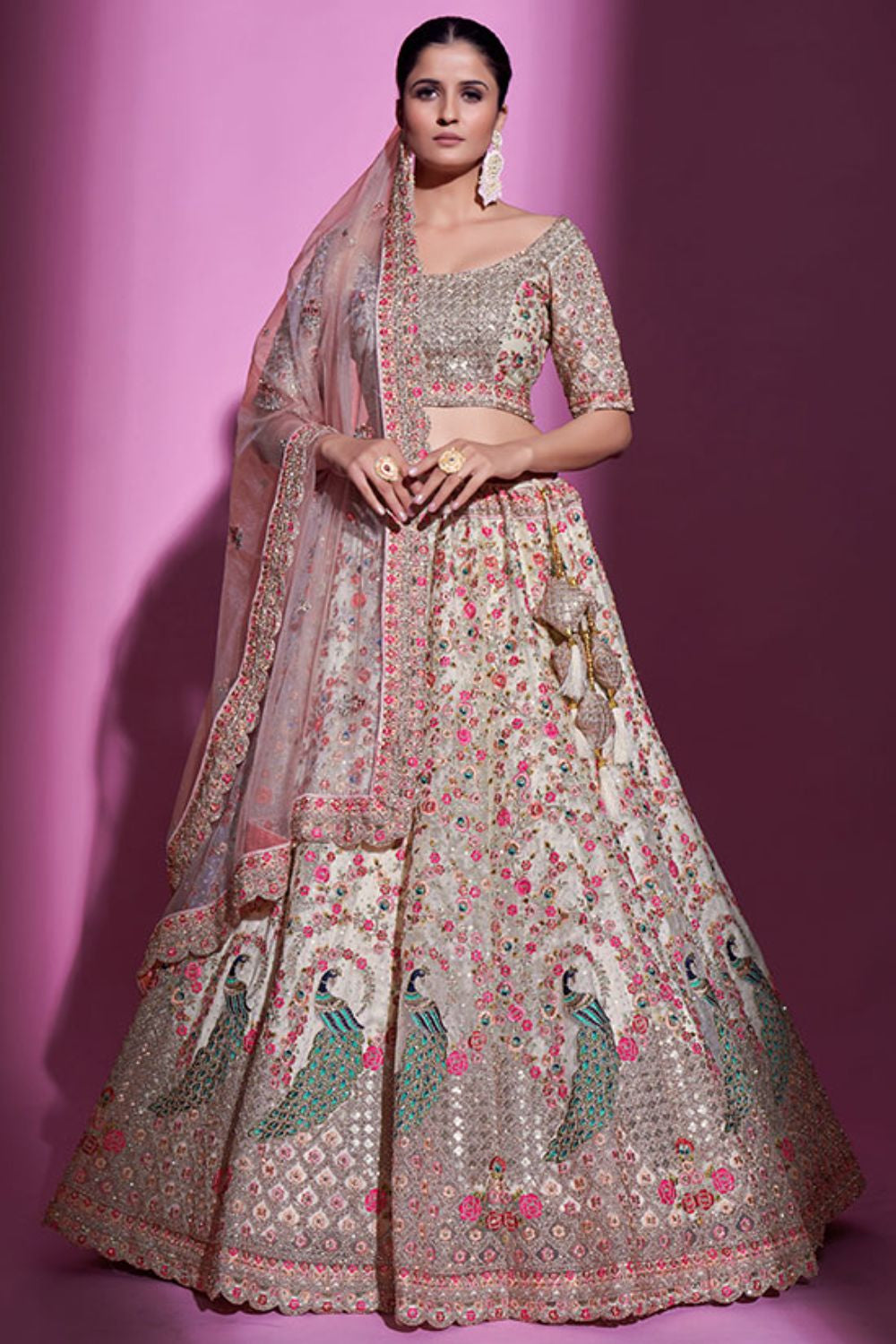 Cream Net Bridal Lehenga Choli Sequins Stone Work SFARY16409