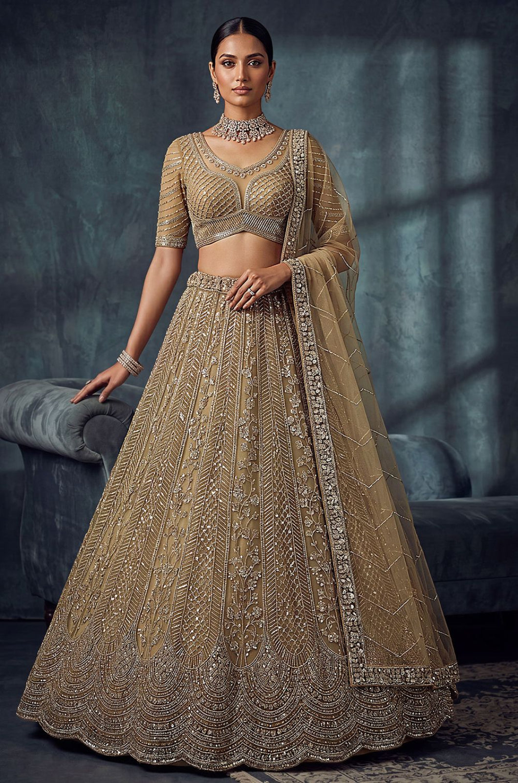 Golden Net Lehenga Choli - SFANJ3424