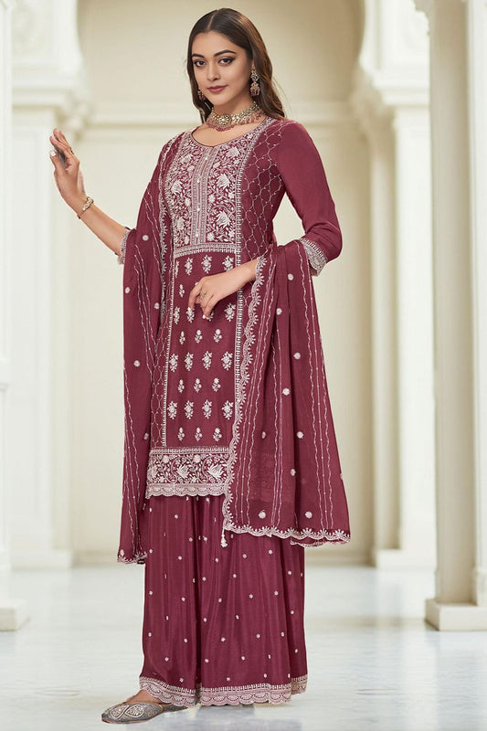 Maroon Chinnon Sangeet Ceremonial Palazzo Suit SFANB72201R