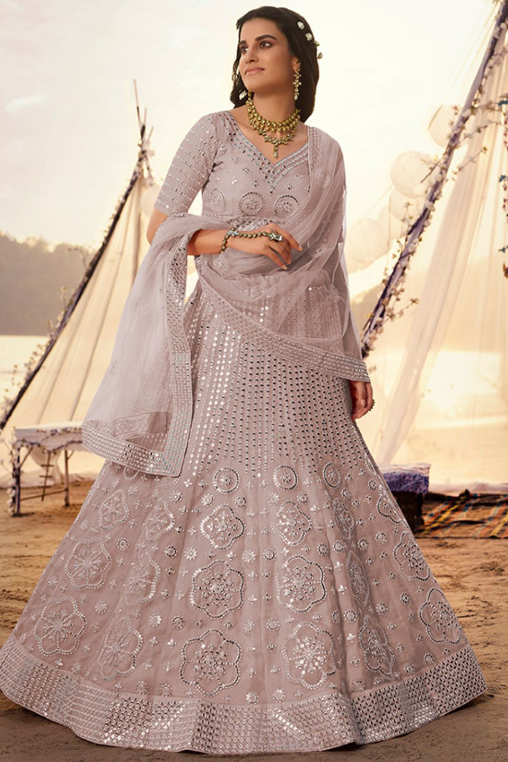 Purple Organza Partywear Lehenga Choli Foil Mirror Work SFARY8017