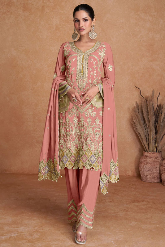 Peach Magnetic Wedding Salwar Kameez In Chinnon SFYS130703R