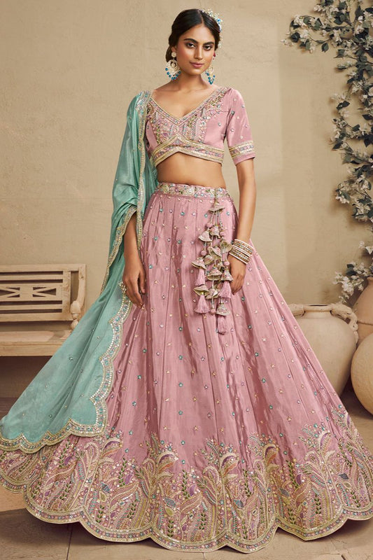 Pink Satin Wedding Party Lehenga Choli SFROY553909