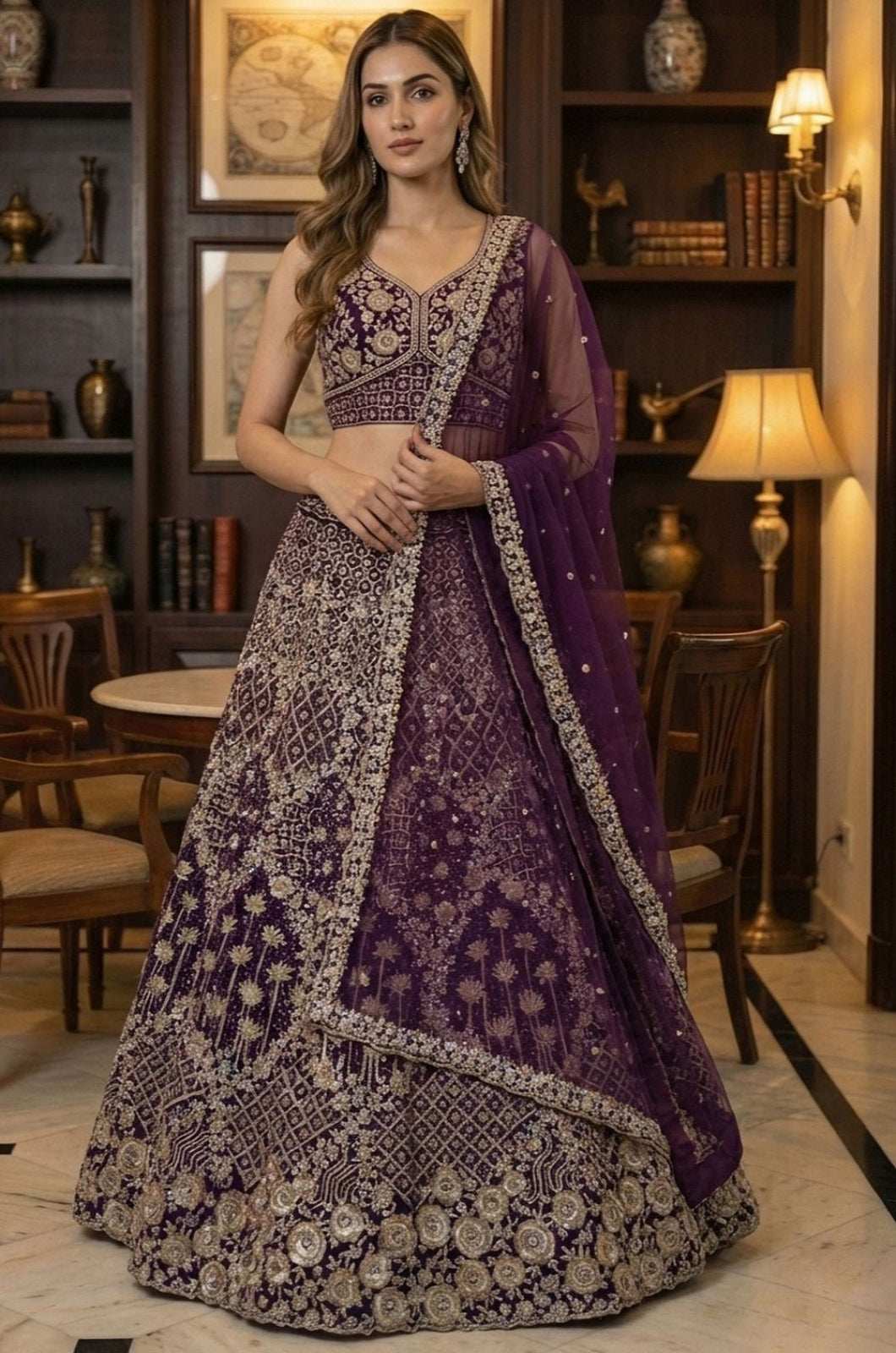Purple Net Luminous Wedding Reception Lehenga Choli SFANJ3232