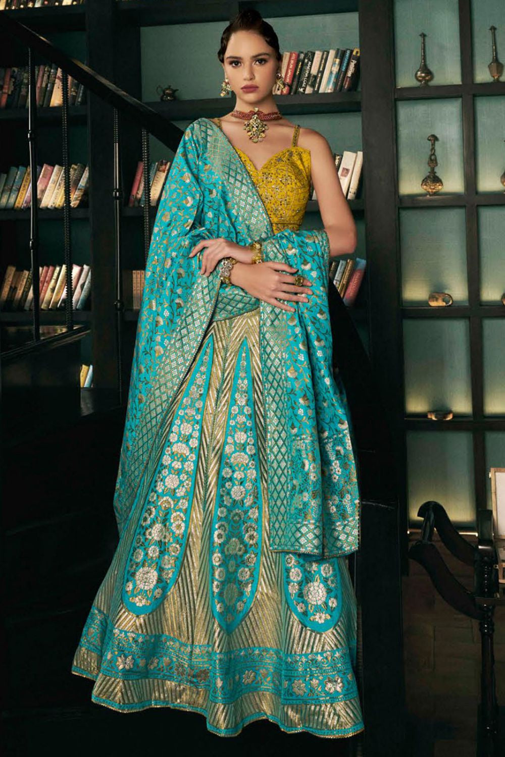 Turquoise Silk Designer Lehenga Set SFSA480902R