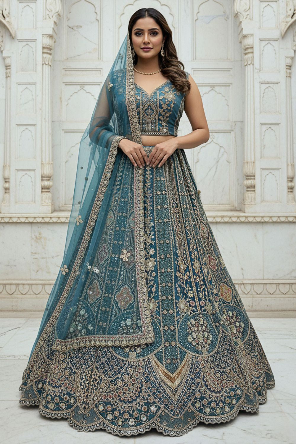 Firozi Bridal Engagement Organza Lehenga Choli SFANJ3206