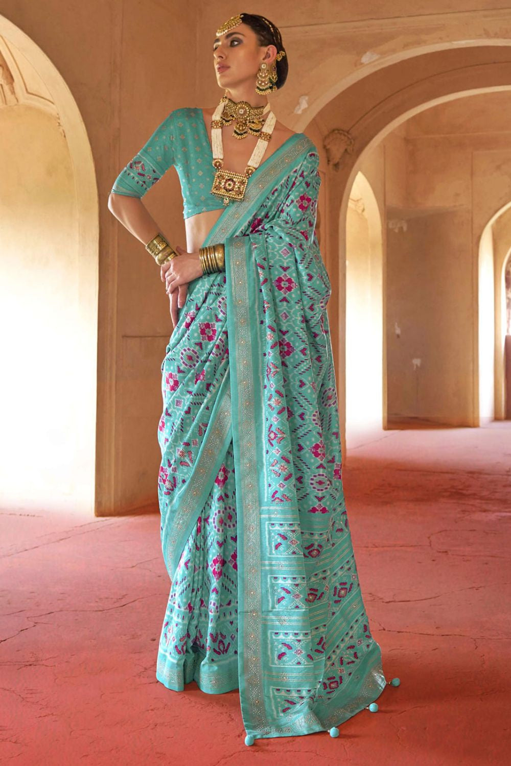 Turquoise Silk Saree Blouse Patola Design SFSJDN31106