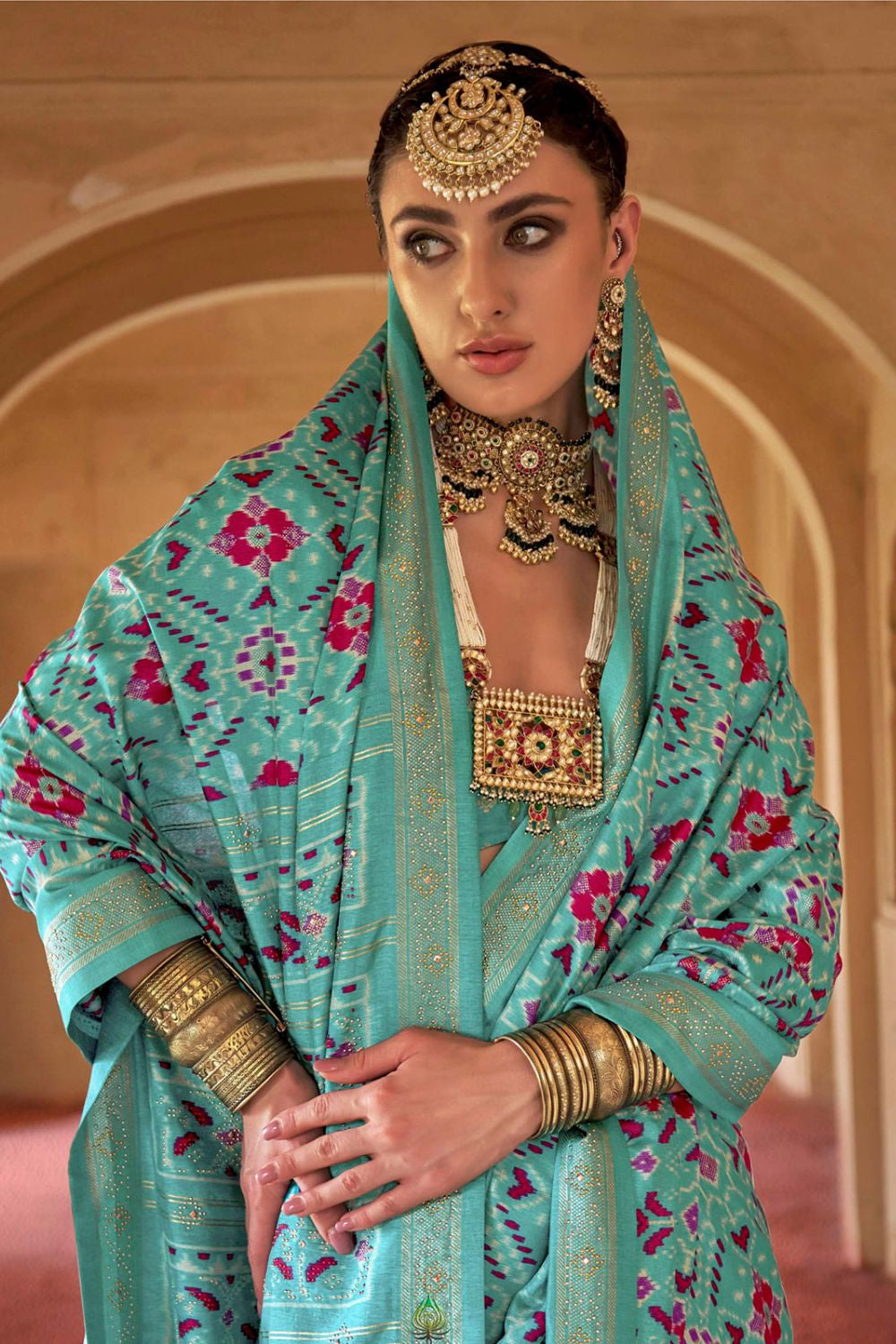 Turquoise Silk Saree Blouse Patola Design SFSJDN31106
