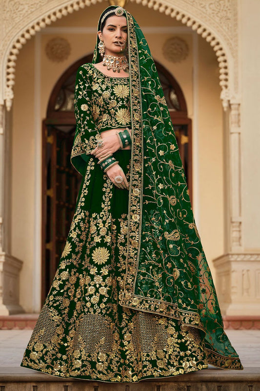 Green Velvet Bridal Lehenga Choli Stone Work SFSA484602