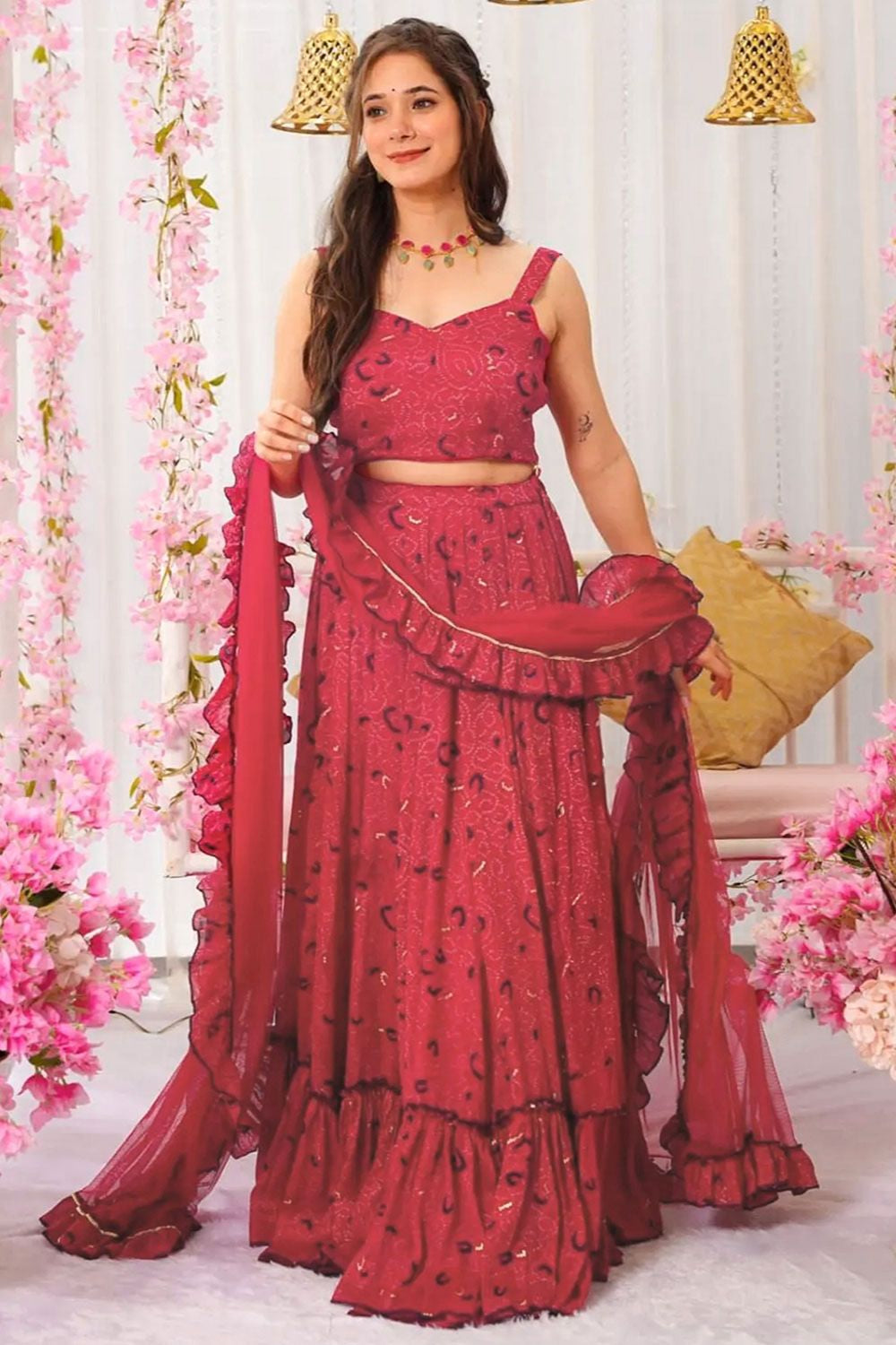 Pink Printed Chinnon Lehenga Choli In Plus Size  SFNPV65902R
