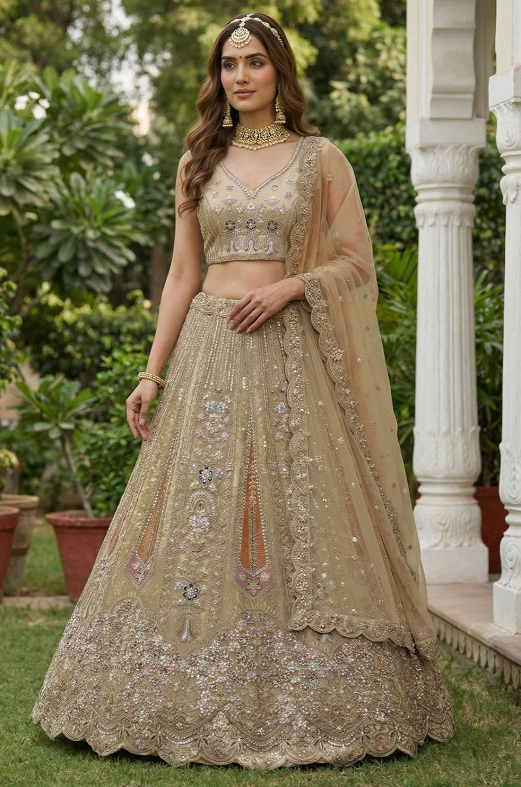 Golden Net Luminous Wedding Reception Lehenga Choli  SFANJ3239
