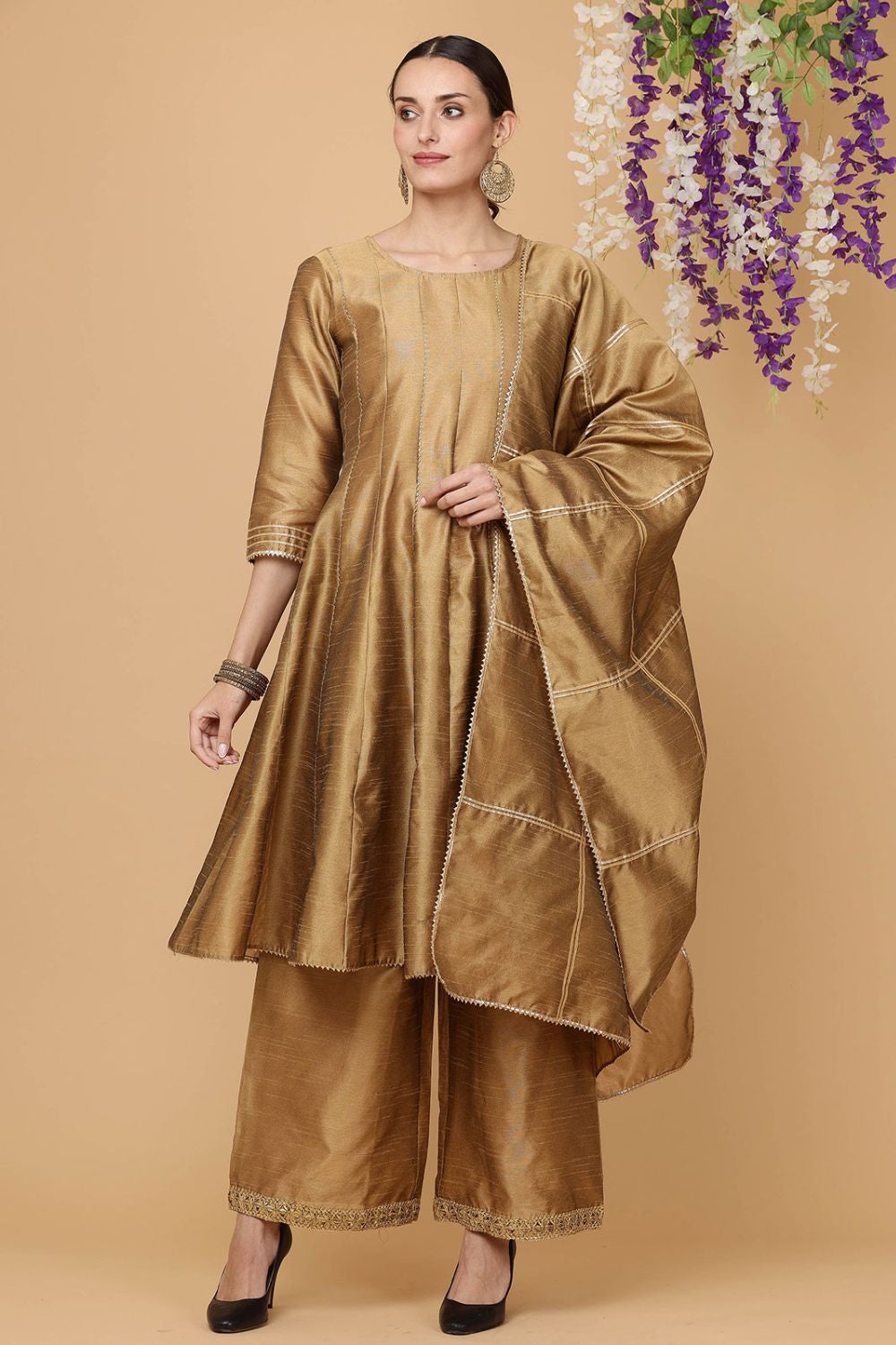 Beige Heritage Silk Salwar Kameez With Gota Work SFJBNF1805R