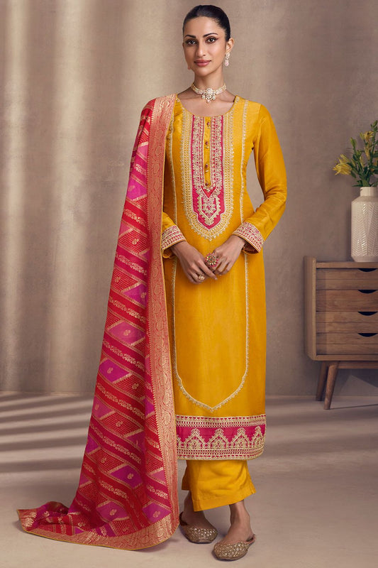 Yellow Sangeet Salwar Kameez In Shimmer Silk SFSMT40903R