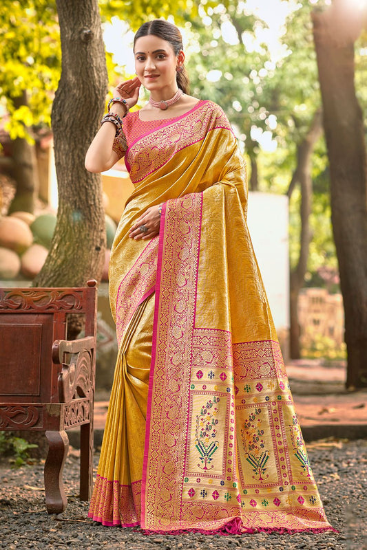 Yellow Wedding Engagement Silk Saree With Blouse SFSGM119301