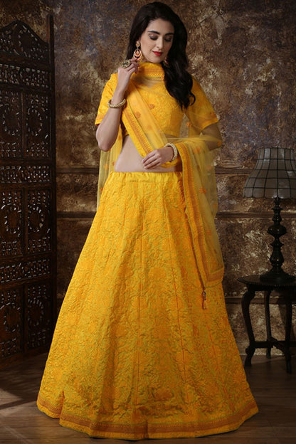 Yellow Haldi Sangeet Wedding Silk Designer Lehenga SFKHU6105
