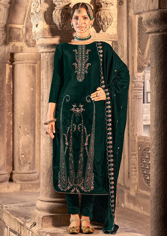 Green Plus Size Velvet Salwar Kameez With Zari Work SFSTL29606
