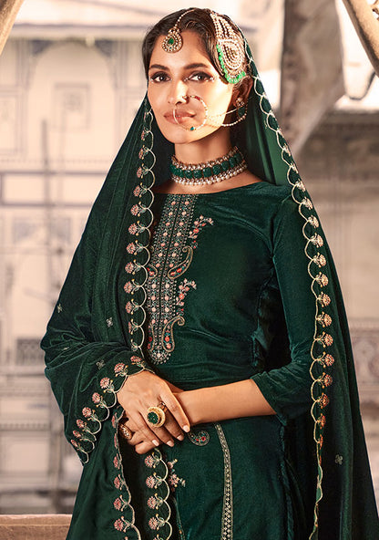 Green Plus Size Velvet Salwar Kameez With Zari Work SFSTL29606