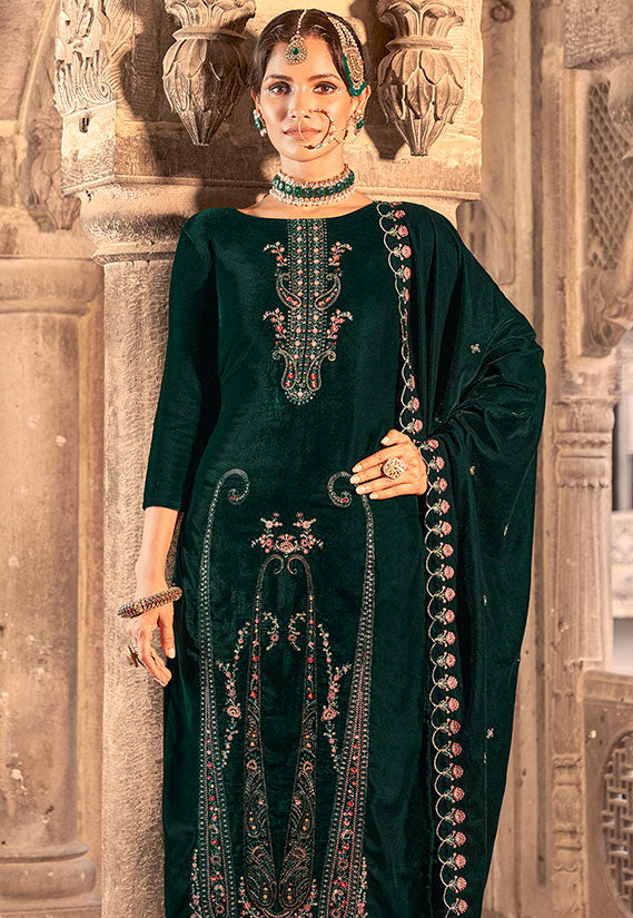 Green Plus Size Velvet Salwar Kameez With Zari Work SFSTL29606
