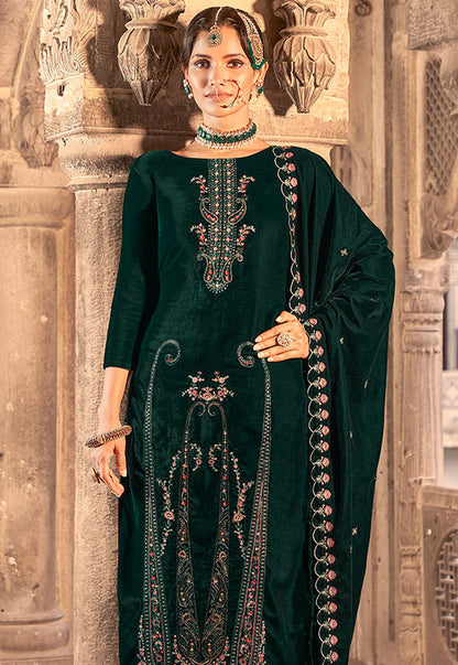 Green Plus Size Velvet Salwar Kameez With Zari Work SFSTL29606