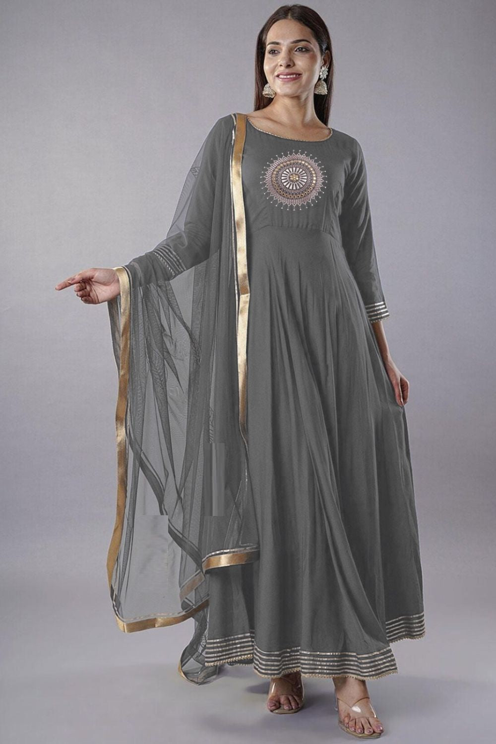 Grey Designer Anarkali Suit Gown In Rayon Georgette SFMAN59508R