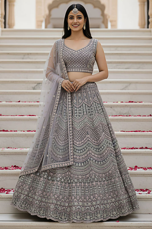 Grey Bridal Engagement Net Lehenga Choli SFANJ3203