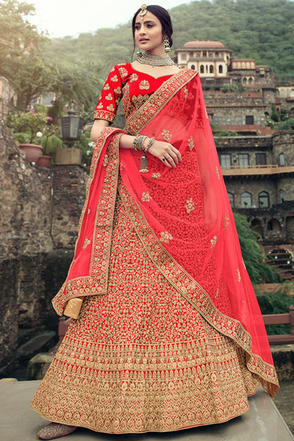 Red Glitter Stone Work Engagement Satin Lehenga Choli  SFARY11513