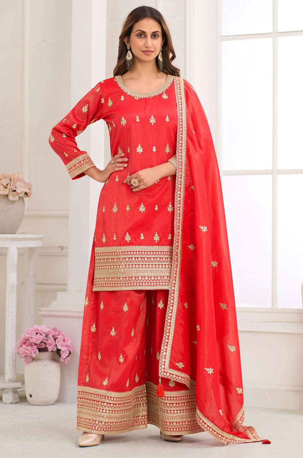 Red Silk Salwar Kameez - SFSMT57201R