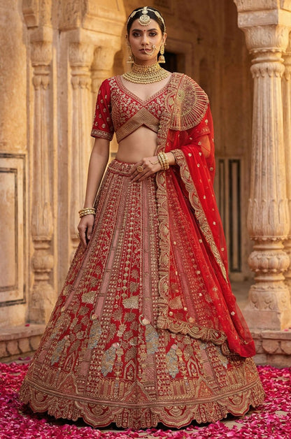 Red Silk Luminous Wedding Reception Lehenga Choli SFANJ3235
