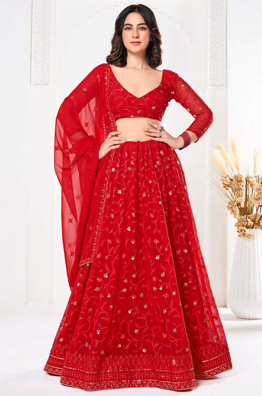 Red Georgette Lehenga Choli - SFROY492904