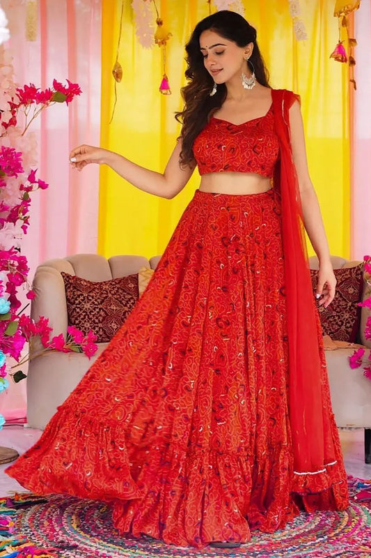 Red Printed Chinnon Lehenga Choli In Plus Size SFNPV65904R