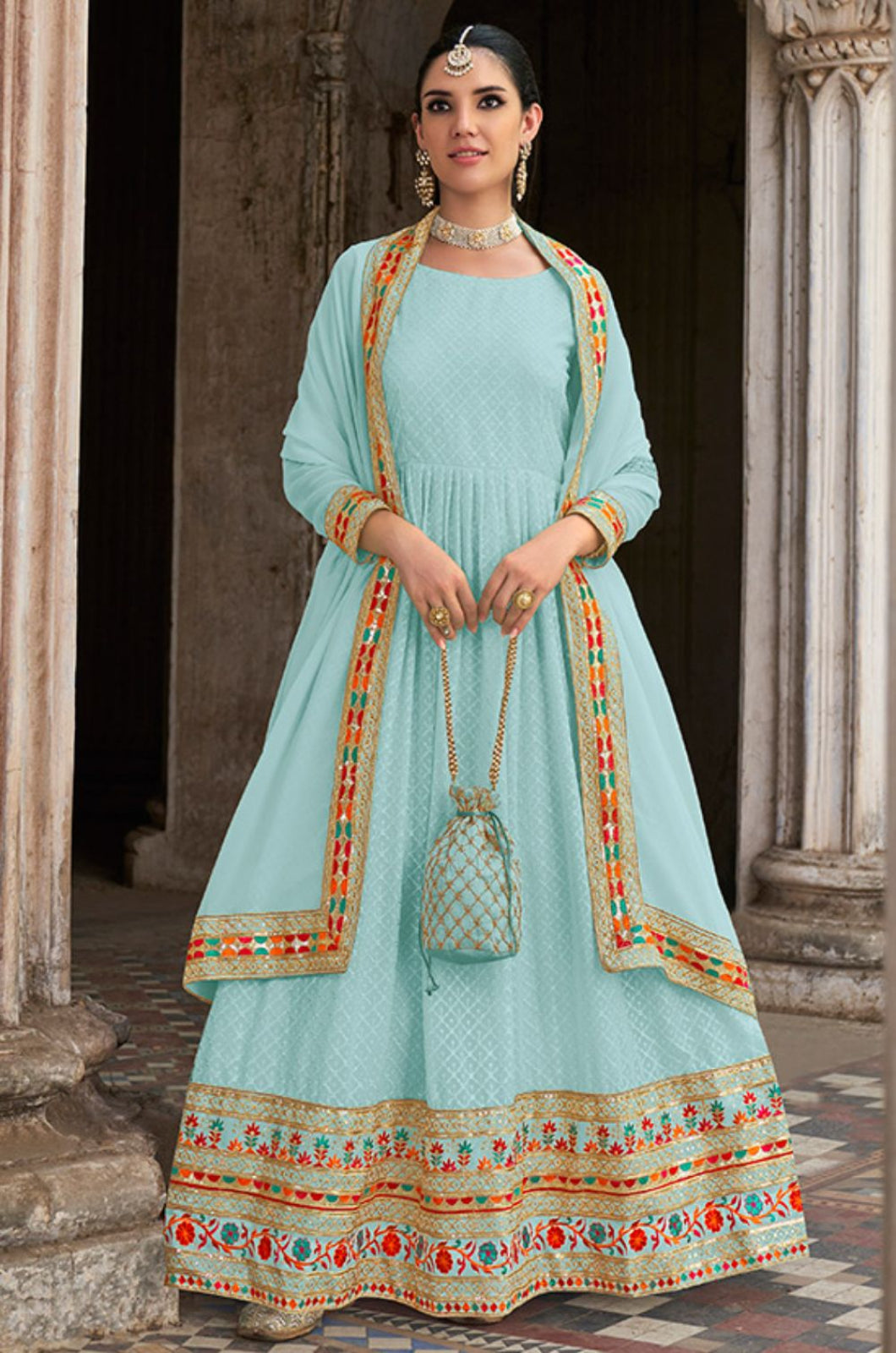 Turquoise Georgette Long Anarkali Gown Embroidered Lace Work SFSA332502B