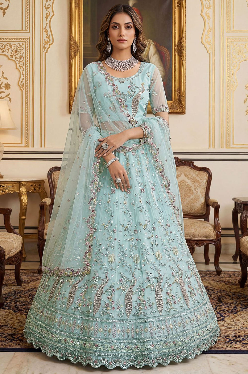 Blue Net Lehenga Choli - SFANJ3267